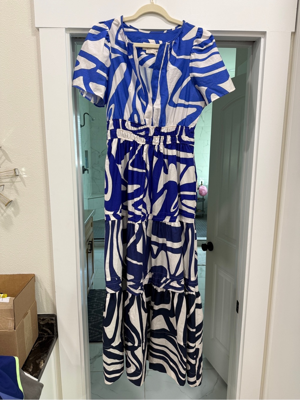 Anthropologie Blue & White Abstract Tiered Maxi Dress